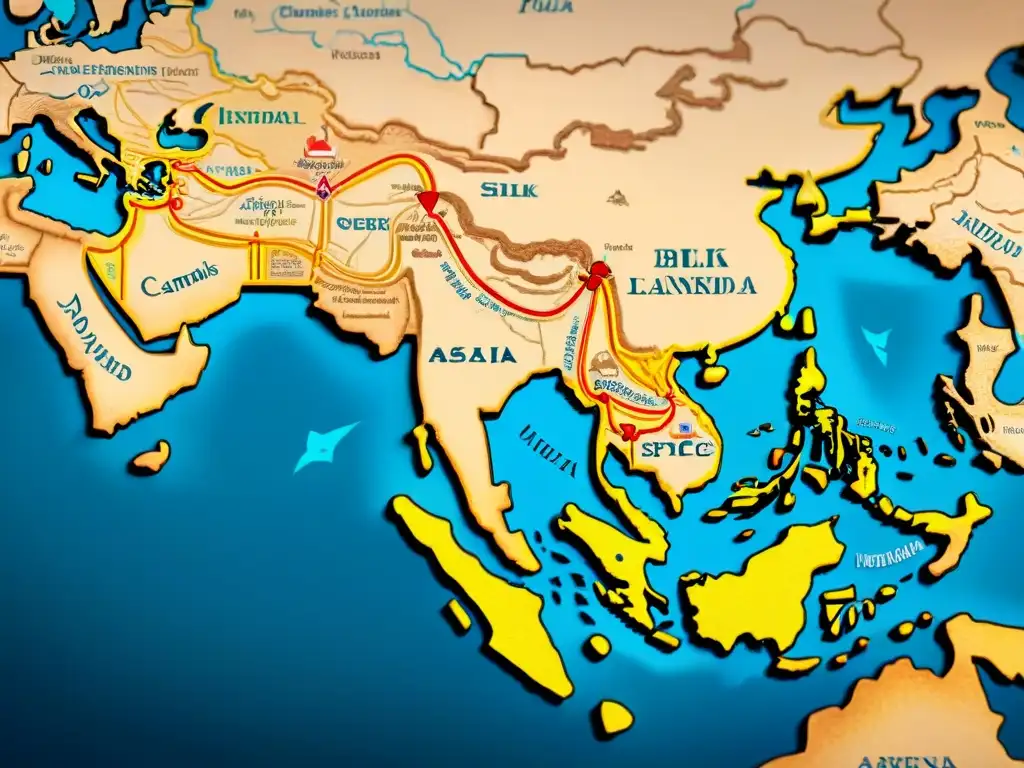 Mapa detallado de rutas comerciales antiguas en Asia con símbolos de seda, especias y metales preciosos