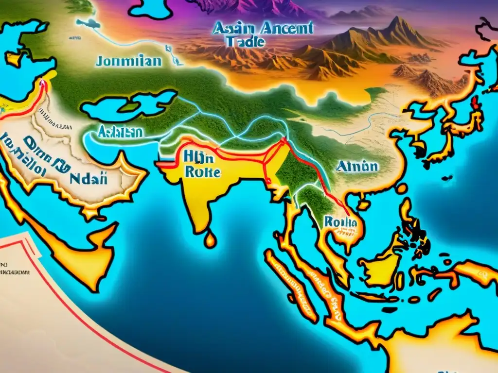 Mapa detallado en sepia de rutas comerciales en Asia, con caravanas, barcos y puntos clave de la Ruta de la Seda