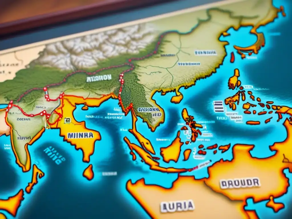 Mapa detallado de rutas comerciales de Asia en sepia, con ciudades, monumentos y criaturas míticas