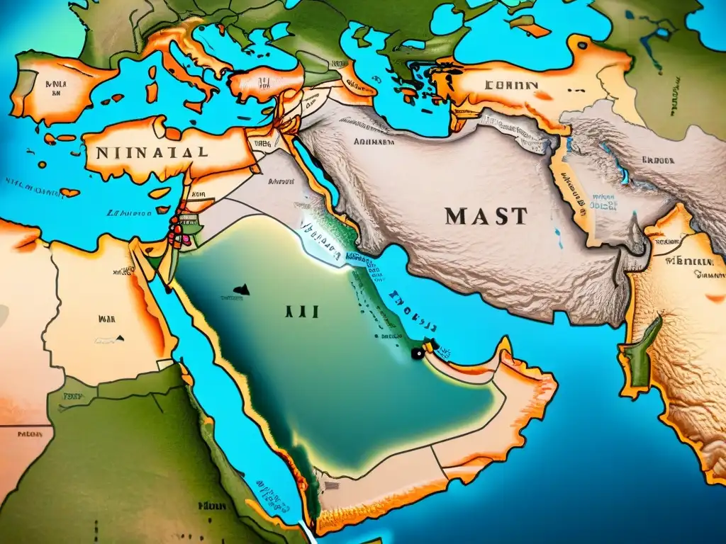 Mapa detallado en sepia de Medio Oriente con rutas comerciales históricas y avanzada cartografía