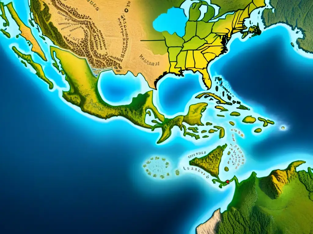 Mapa detallado en sepia de rutas comerciales antiguas en América precolombina, exudando misterio y exploración