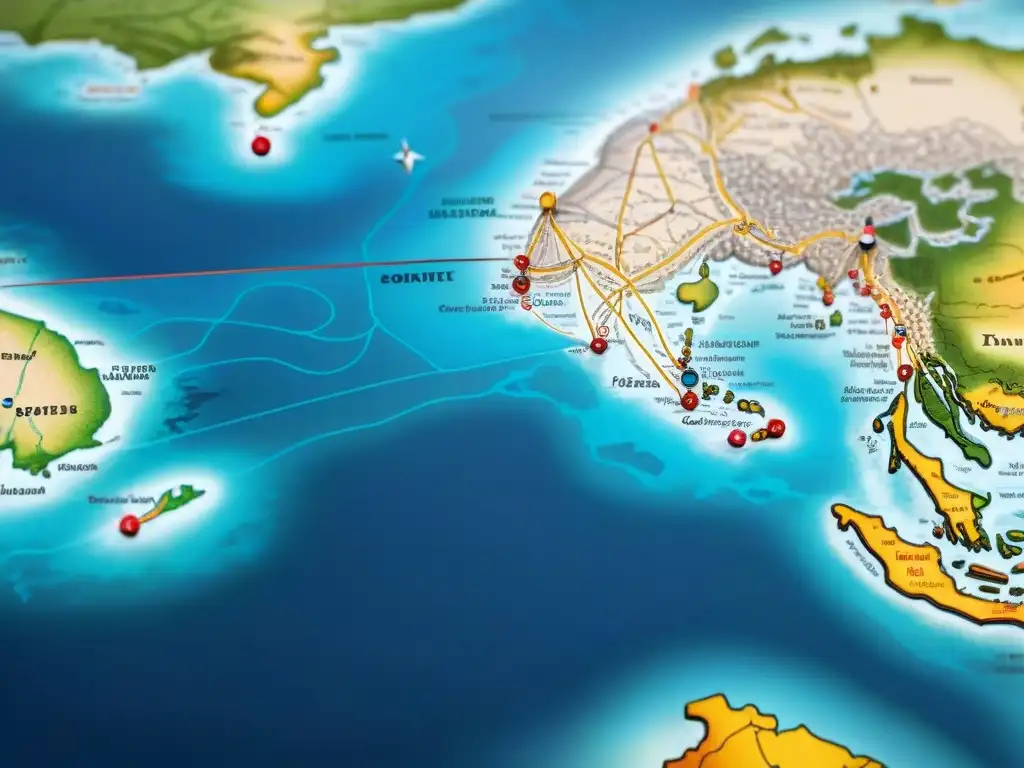 Mapa detallado de rutas comerciales antiguas, con ilustraciones y caligrafía en sepia