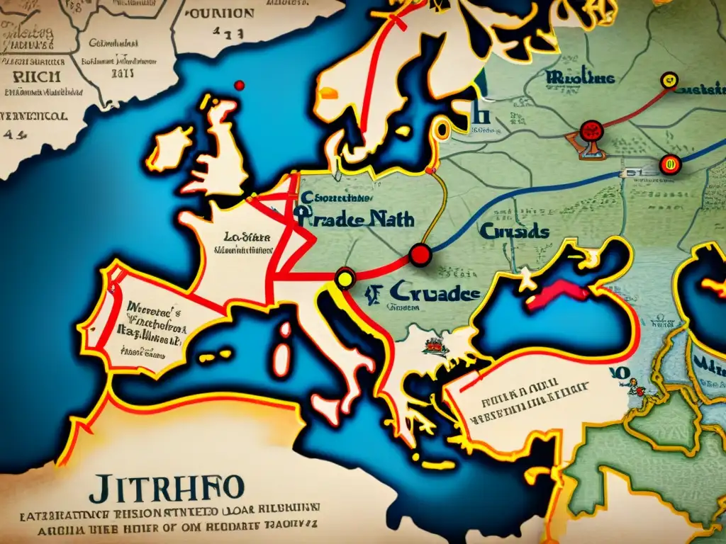 Mapa sepia detallado de las rutas de las Cruzadas, destacando batallas, sitios religiosos y rutas comerciales