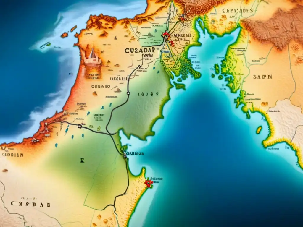 Un mapa sepia detallado de las rutas de las Cruzadas, con ilustraciones de castillos, caballeros y barcos