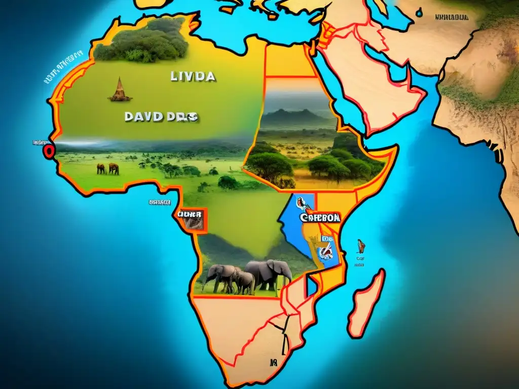 Mapa detallado de las rutas y descubrimientos de Livingstone en África, con ilustraciones de vida salvaje y tribus nativas