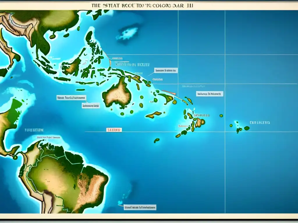 Mapa detallado en sepia de rutas estratégicas en el Pacífico durante la Segunda Guerra Mundial, con movimientos de tropas y batallas navales clave