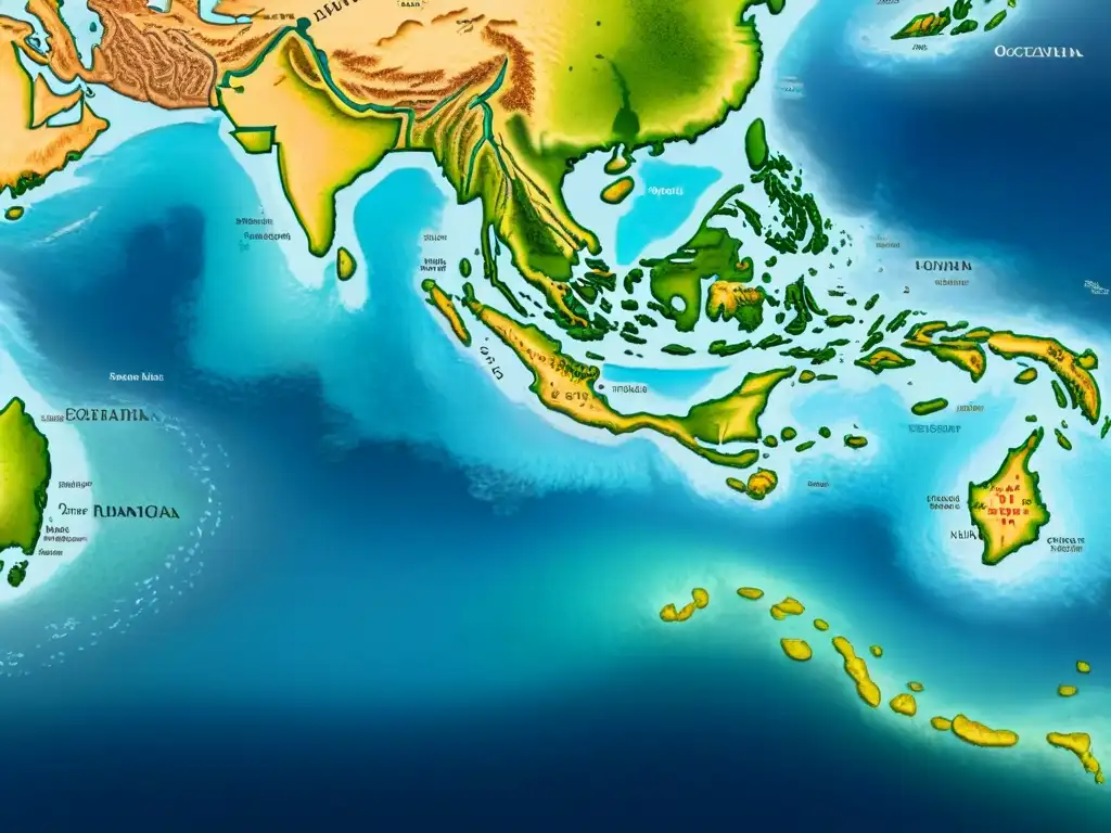 Mapa detallado del Océano Pacífico en sepia con rutas, islas y monstruos marinos, reflejando la evolución cartográfica en Oceania