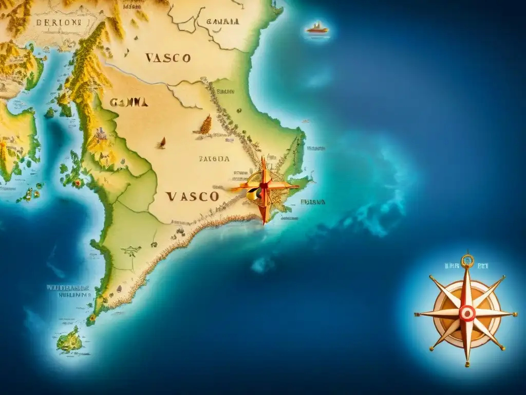 Mapa detallado en sepia de rutas marítimas de Vasco da Gama, mostrando la evolución de la cartografía digital