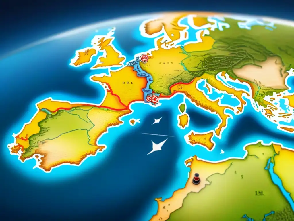 Mapa detallado en sepia de rutas náuticas, límites geopolíticos, hitos históricos y símbolos navales