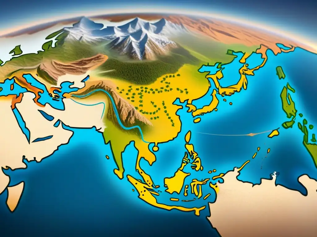 Mapa detallado de la evolución de las rutas de la Ruta de la Seda a lo largo de los siglos, con ilustraciones de puntos clave y paisajes montañosos