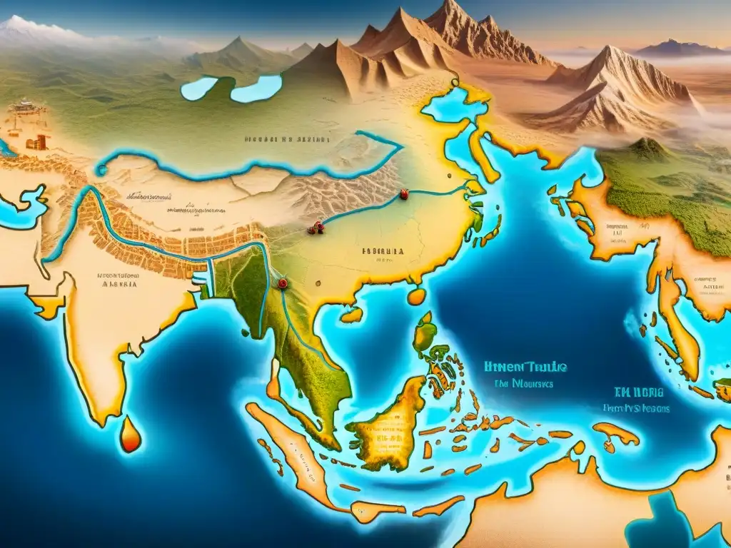 Mapa detallado de las rutas de la Ruta de la Seda con ilustraciones de camellos y mercaderes en tonos sepia