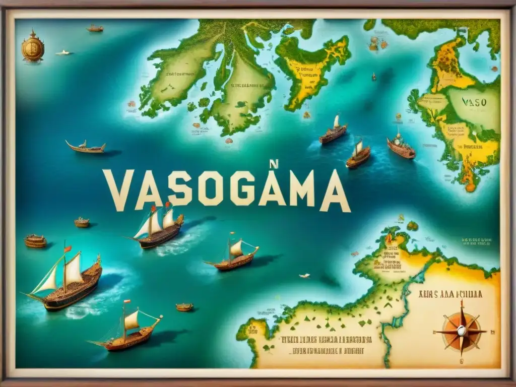 Mapa sepia detallado de rutas de Vasco da Gama, con criaturas marinas y barcos decorativos