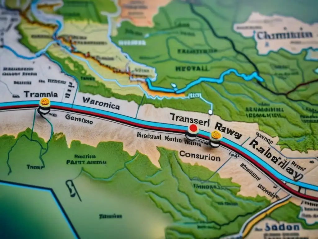 Un mapa sepia detallado del siglo XIX de la Ruta del Ferrocarril Transiberiano, con marcas históricas y evolución cartografía mapas antiguos