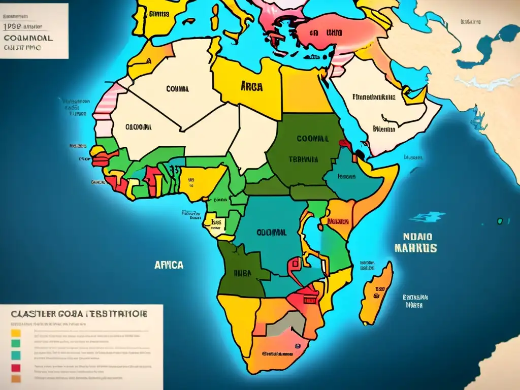 Mapa detallado en sepia del siglo XIX, mostrando territorios coloniales europeos en África