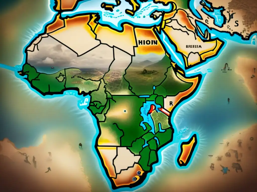 Mapa detallado en sepia del siglo XIX mostrando la influencia europea en la cartografía africana