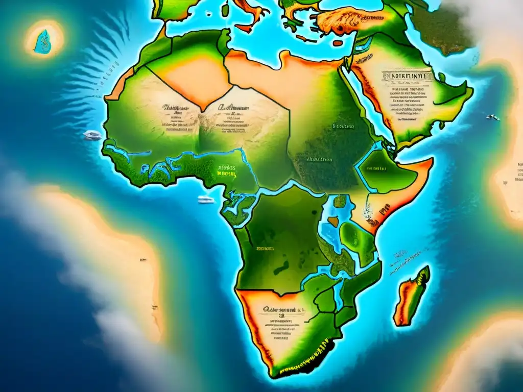 Mapa detallado sepia de África del siglo XV con costas, montañas, ríos y monumentos antiguos, brújulas y barcos