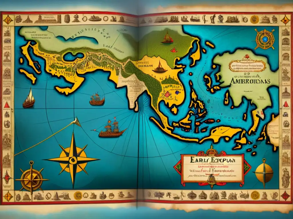 Mapa sepia detallado del siglo XV: rutas de expediciones europeas, símbolos náuticos, rosas de los vientos y cartuchos ornamentados