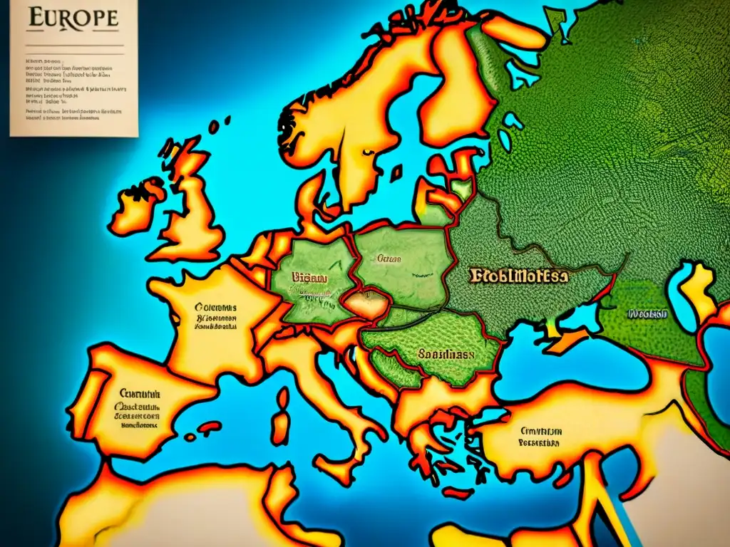 Mapa detallado de Europa del siglo XV con ilustraciones de monumentos y monstruos marinos