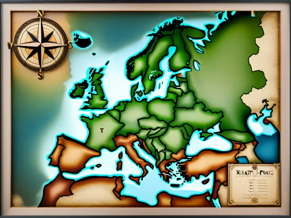 Mapa detallado en sepia de Europa del siglo XVI, con fronteras y rosas de los vientos ornamentadas, exudando historia y artesanía