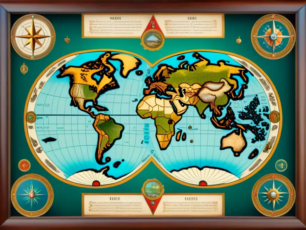 Mapa detallado sepia del siglo XVI con rosas de los vientos, monstruos marinos y detalles geográficos, perfecto para certificación en SIG online