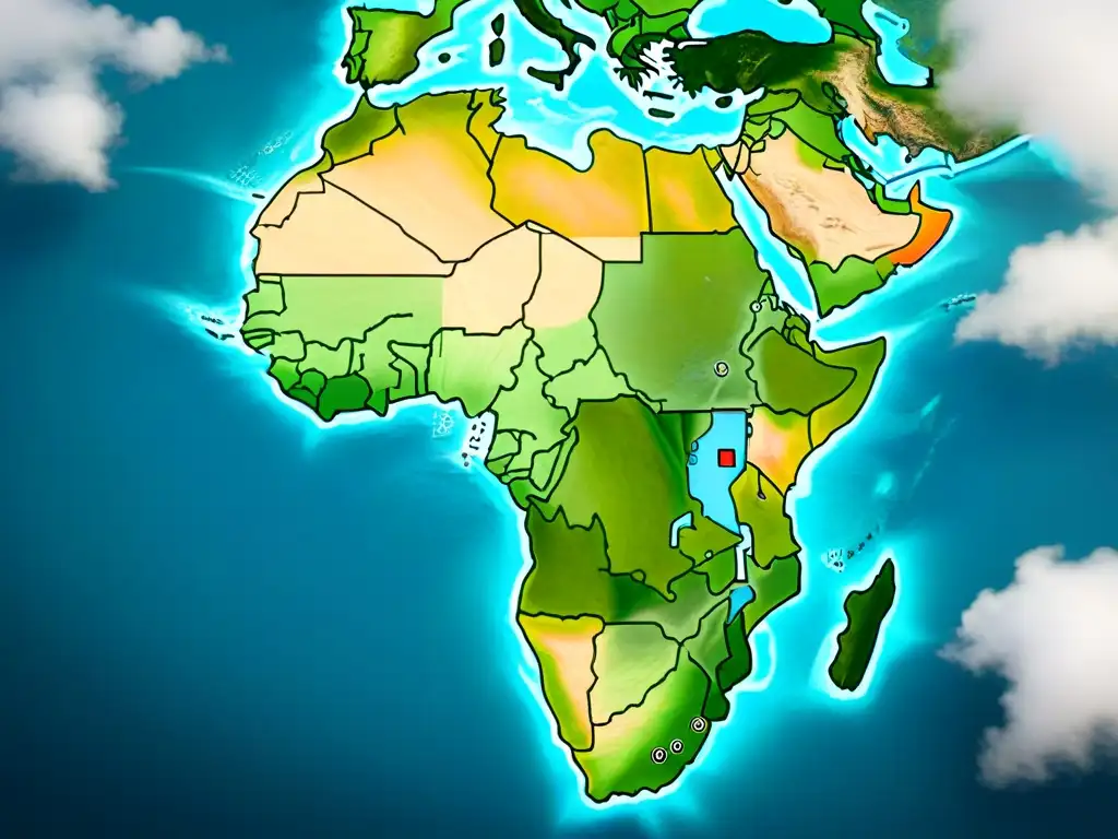 Mapa detallado sepia de África del siglo XVI con anotaciones históricas y rosa de los vientos, evocando exploración y evolución cartografía mapas antiguos