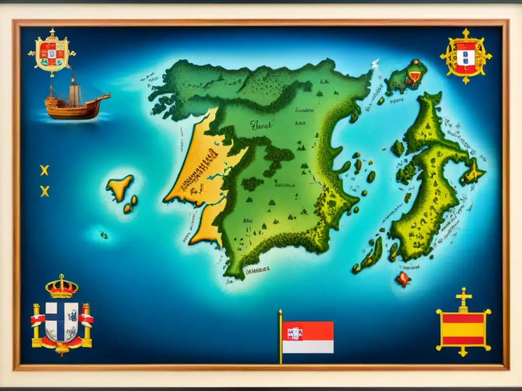 Mapa detallado del siglo XVI con ilustraciones de monstruos marinos y barcos, reflejando la evolución cartográfica en la disputa Portugal-España