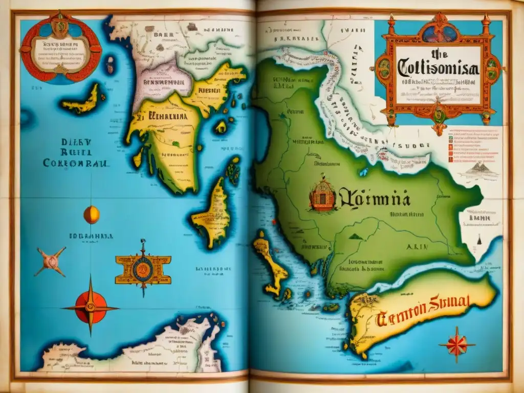 Mapa detallado sepia del siglo XVI con fronteras, rutas marítimas y etiquetas en múltiples idiomas, resaltando la importancia de los mapas históricos