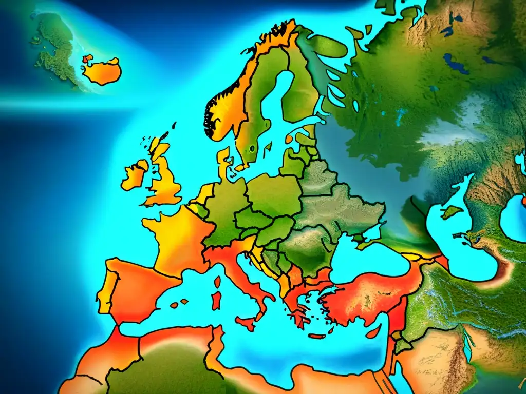 Mapa detallado de Europa del siglo XVI, con elementos cartográficos ornamentales y diseño sepia