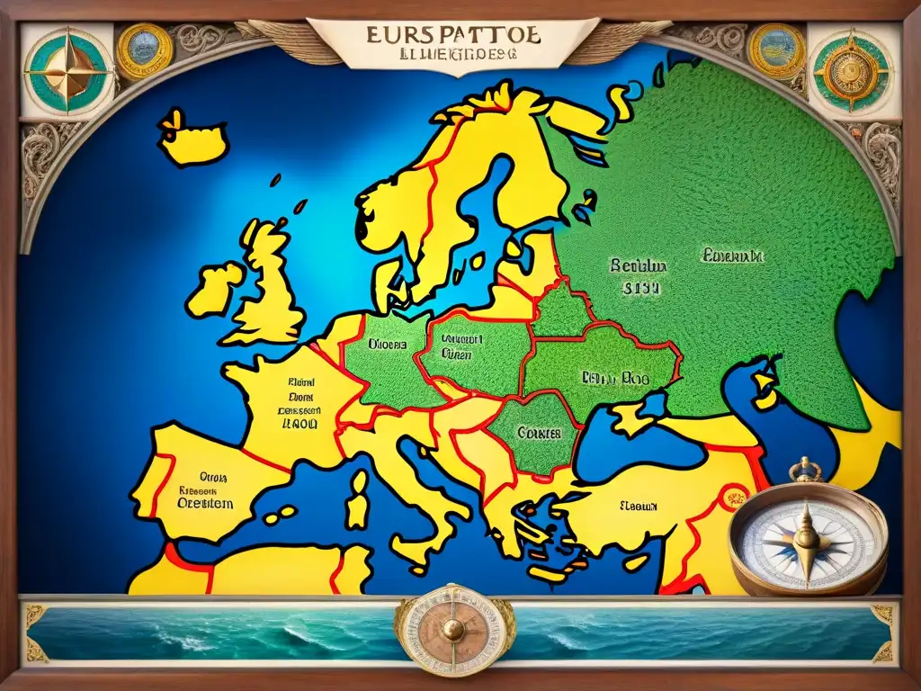 Mapa detallado en sepia de Europa del siglo XVI con fronteras, ciudades y características topográficas