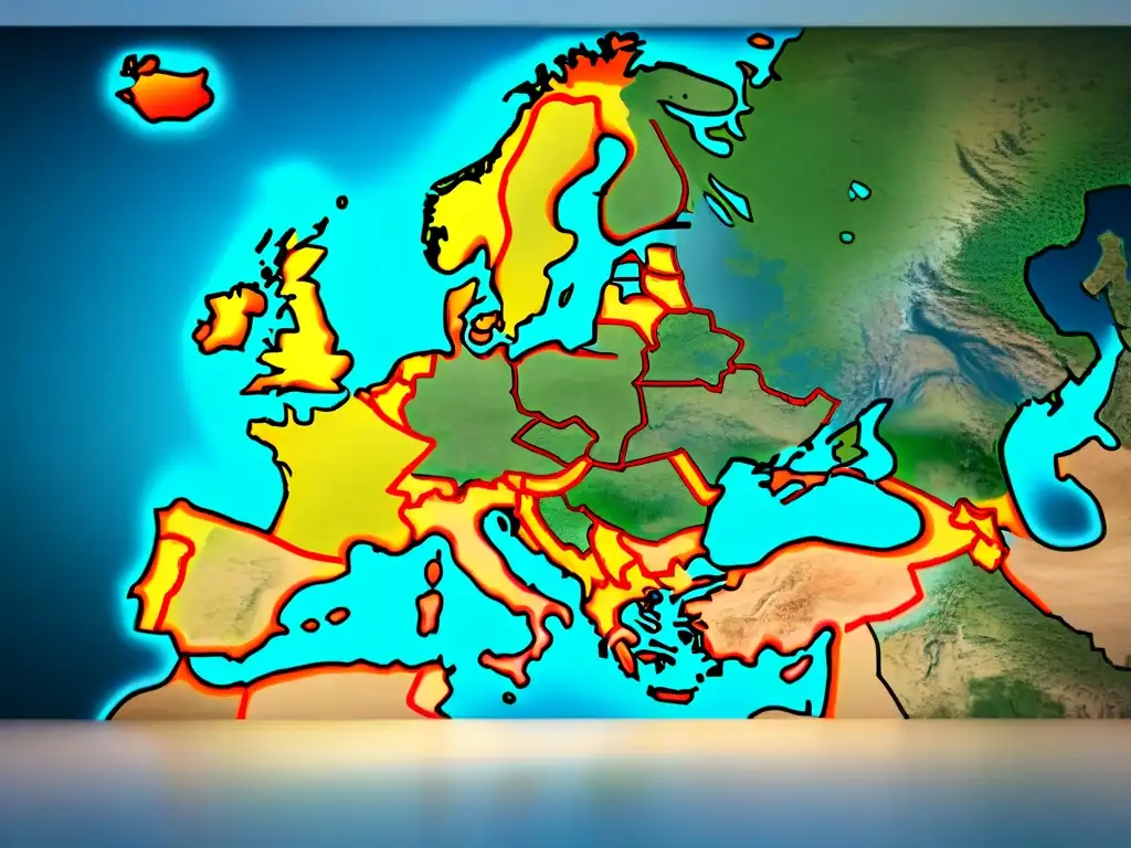 Mapa detallado en sepia de Europa del siglo XVII con fronteras, ciudades y texturas envejecidas, reflejando la importancia histórica de la cartografía en la formación de imperios