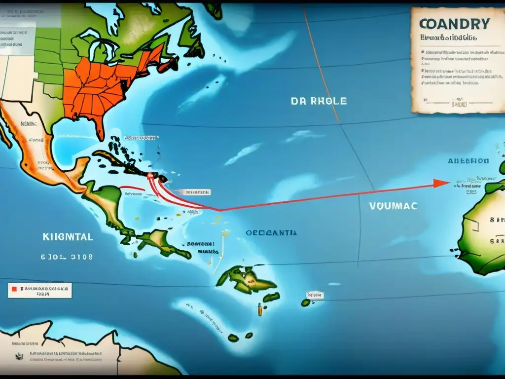 Mapa detallado en sepia del siglo XVIII de la ruta comercial triangular, con ilustraciones de barcos esclavistas y puertos, marcado con líneas rojas difuminadas de los viajes de personas esclavizadas en el Océano Atlántico