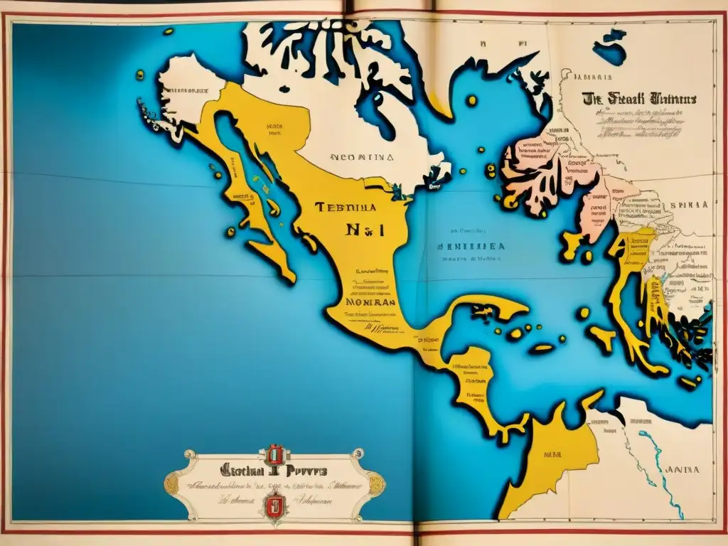 Mapa detallado en sepia del siglo XVIII con disputas territoriales entre potencias europeas en América