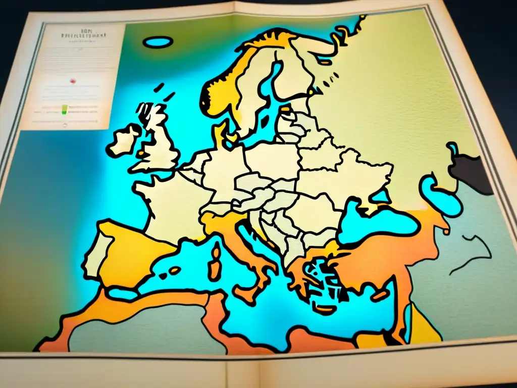 Mapa detallado sepia del siglo XVIII con fronteras europeas, marcas de conflictos y tratados históricos