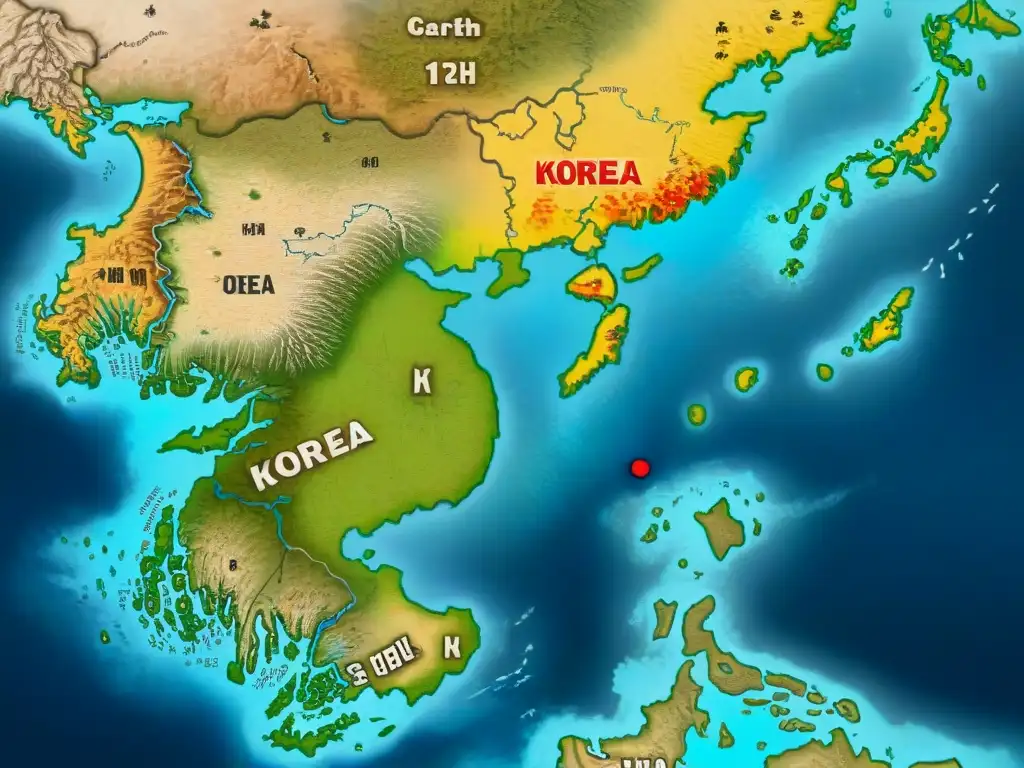 Mapa detallado sepia del siglo XVIII con las disputas territoriales en cartografía histórica de Corea