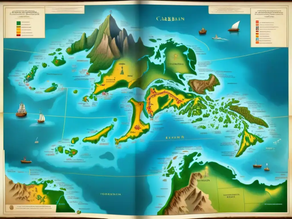 Mapa detallado del Caribe precolombino, muestra la evolución cartografía indígena con símbolos y paisajes