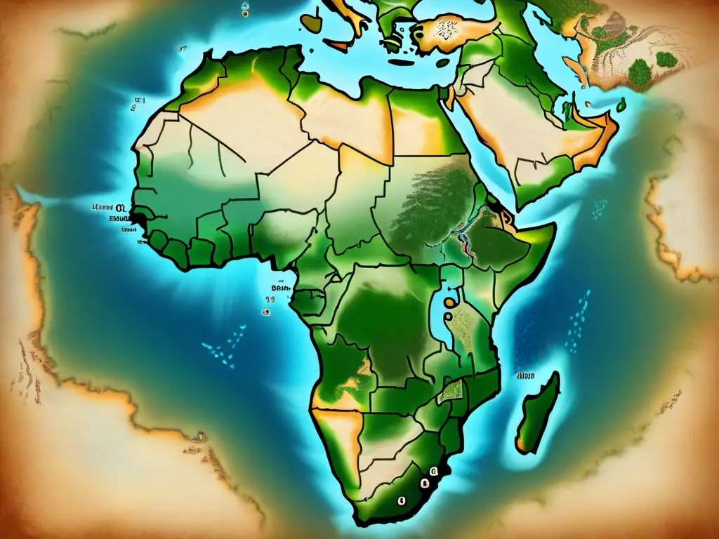 Mapa sepia detallado de África subsahariana con elementos cartográficos antiguos