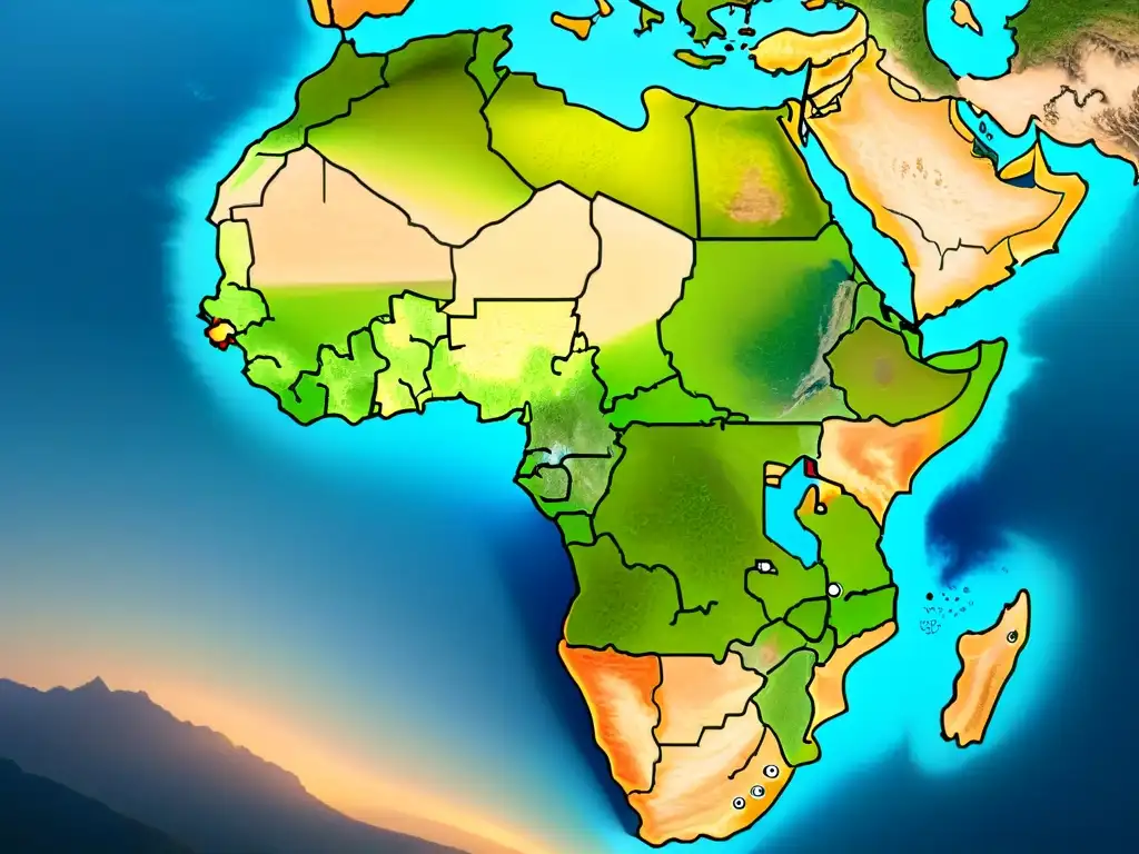 Mapa sepia detallado de África subsahariana, resaltando evolución cartografía y paisajes