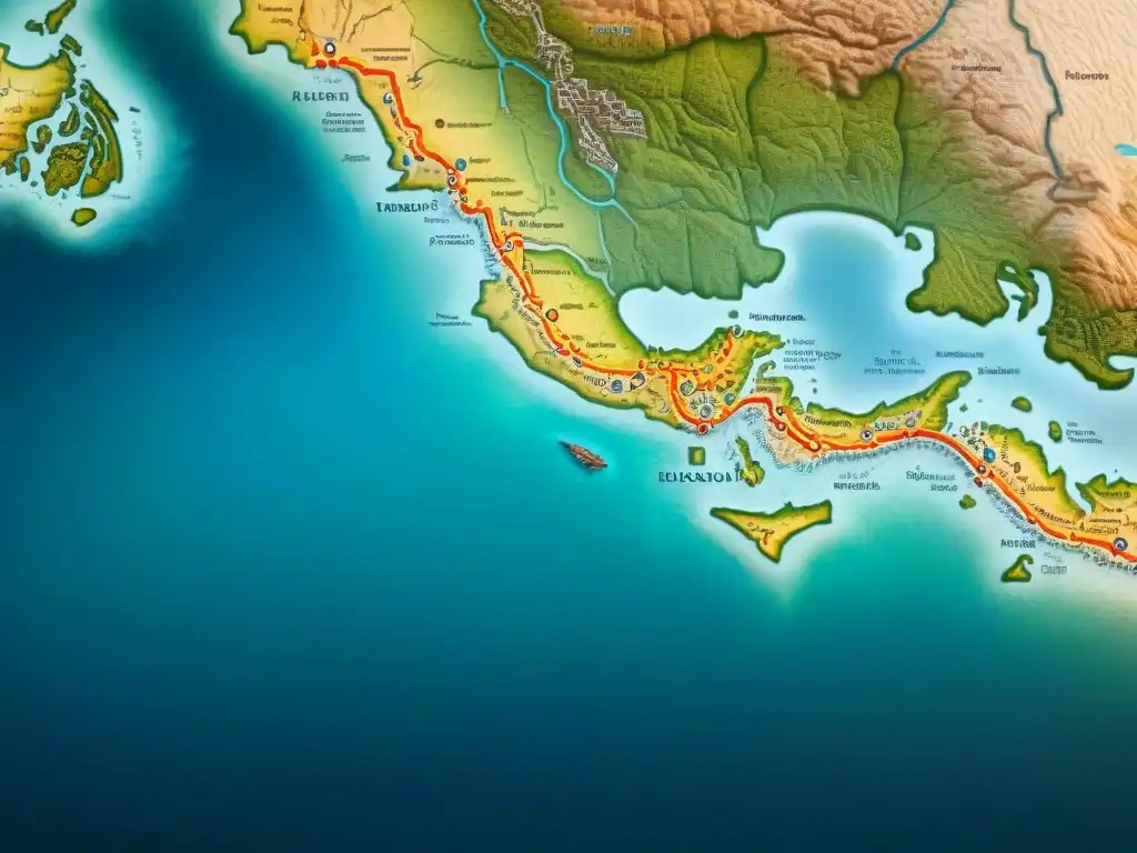 Mapa detallado en sepia del río Ganges, con técnicas de cartografía antigua, ilustraciones de la región y ornamentos decorativos