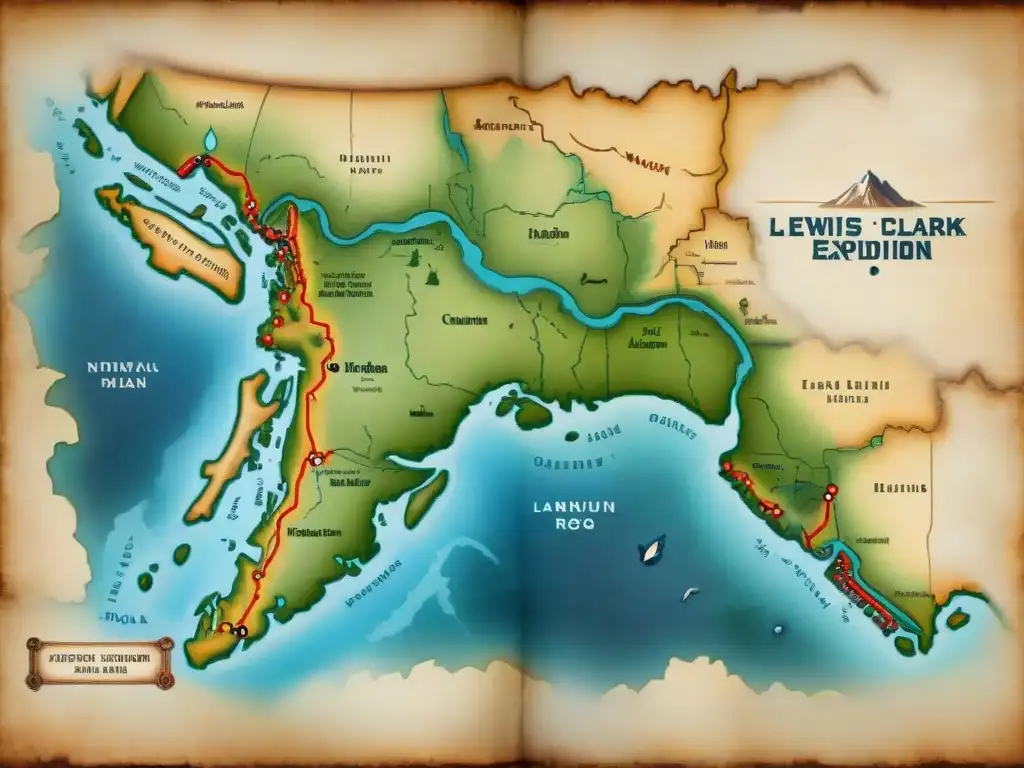 Mapa detallado en sepia de la expedición de Lewis y Clark, con territorios nativos y puntos clave