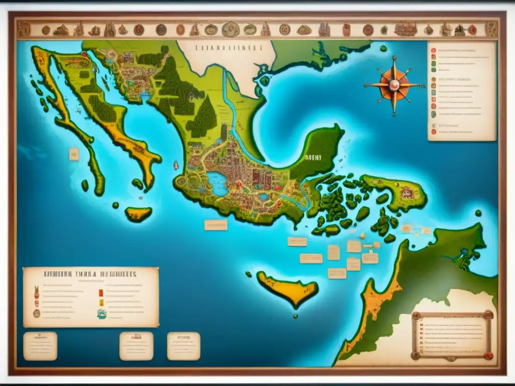 Mapa detallado sepia de territorios precolombinos disputados con fronteras e símbolos de alianzas y conflictos entrelazados