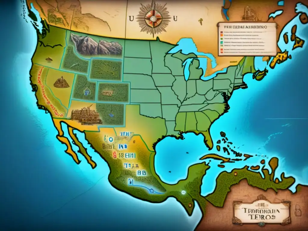 Mapa sepia detallado de territorios precolombinos disputados con ilustraciones y símbolos de alianzas y conflictos entre grupos indígenas