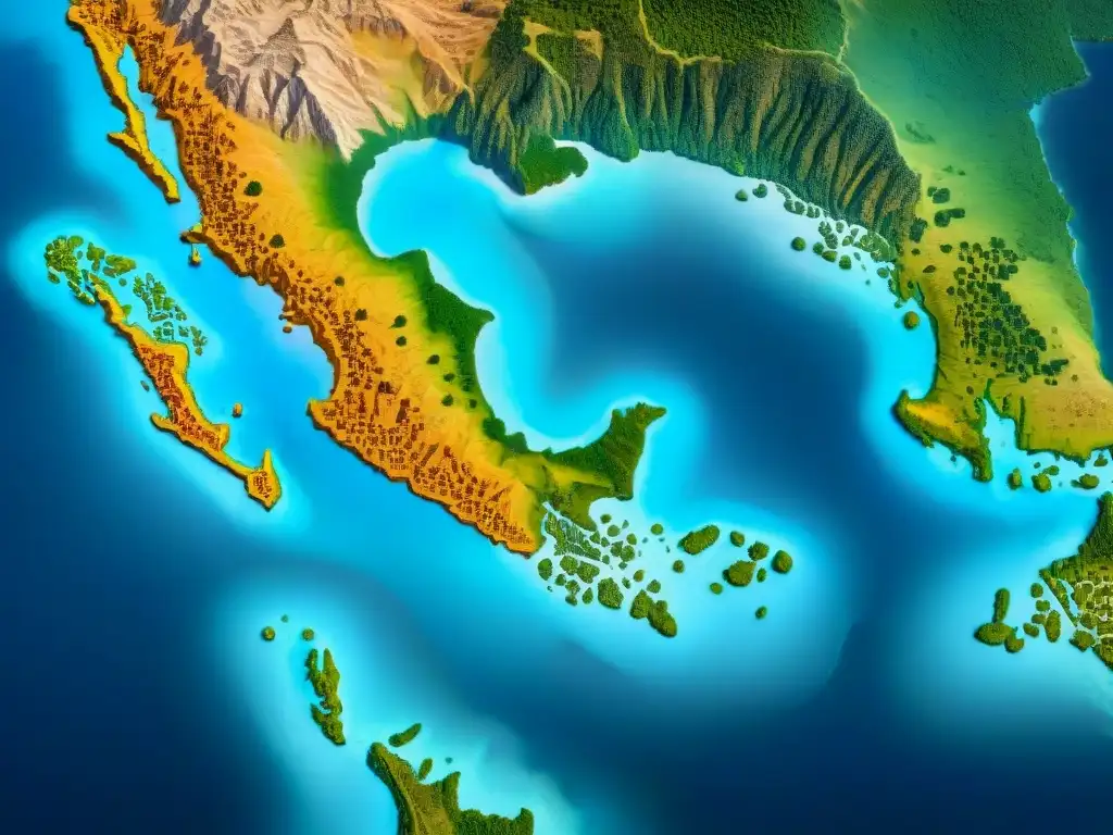 Mapa detallado en sepia de territorios precolombinos sin explorar, con símbolos antiguos y tesoros ocultos