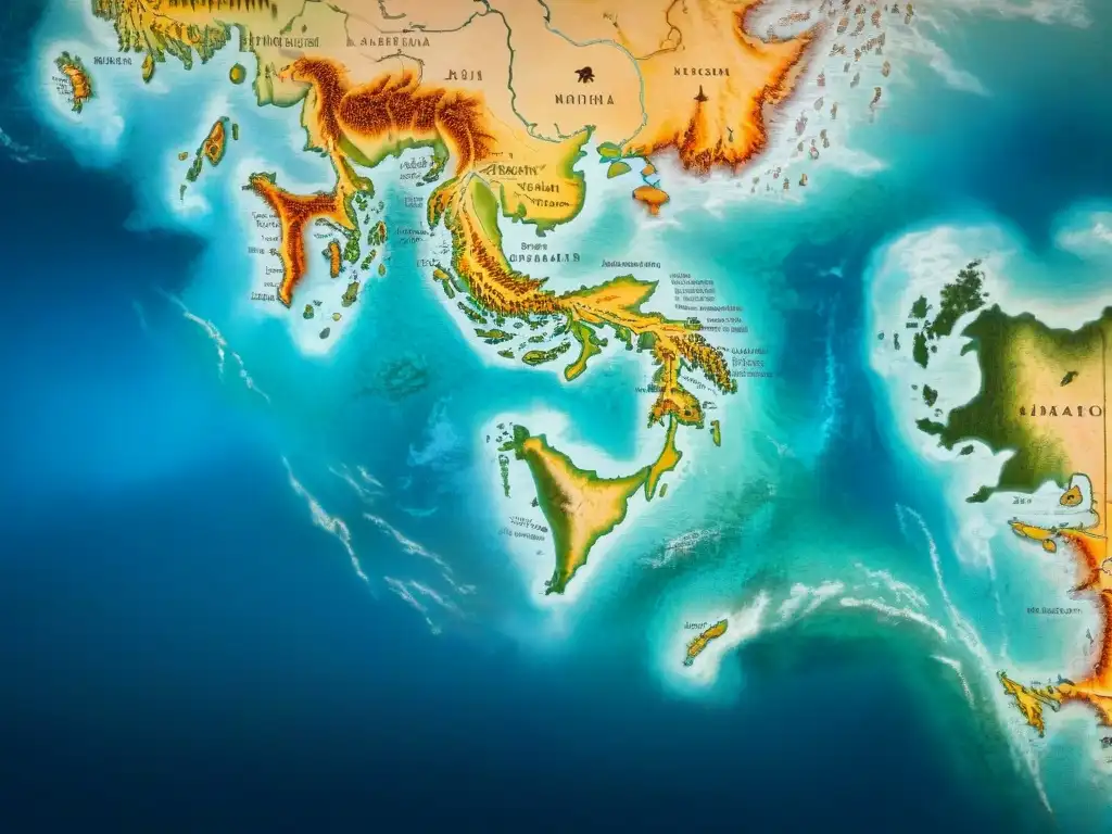 Mapa sepia detallado de tiempos antiguos con mitos de dragones y monstruos marinos entre montañas y ríos, bordes desgastados