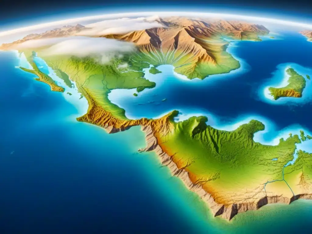 Mapa sepia detallado de la Tierra con cordilleras, ríos y costas