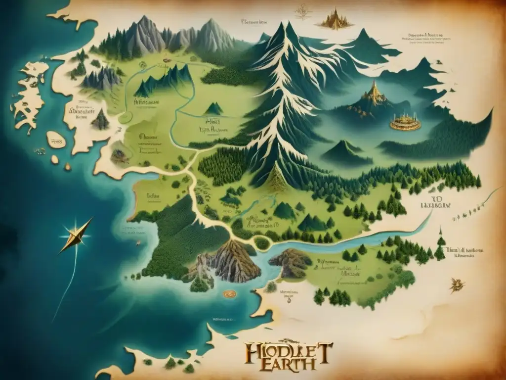 Un mapa detallado en sepia de la Tierra Media, con características geográficas, bosques, ríos y lugares clave