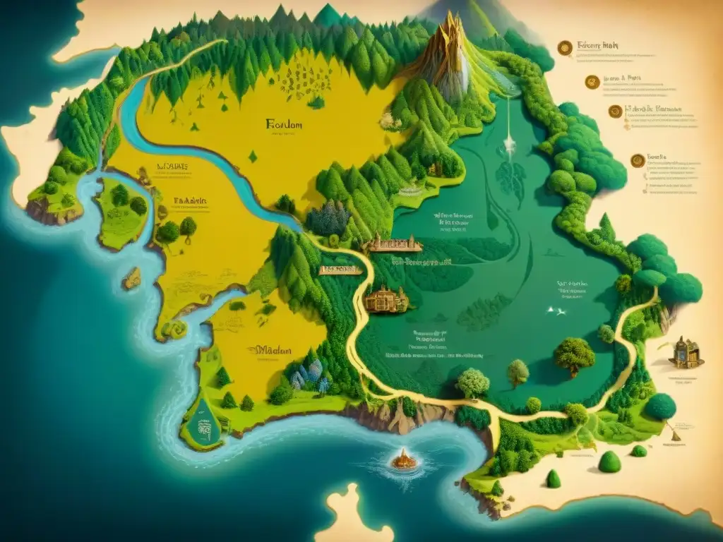 Mapa detallado en sepia de la Tierra Media con bosques frondosos, ríos serpenteantes y montañas majestuosas