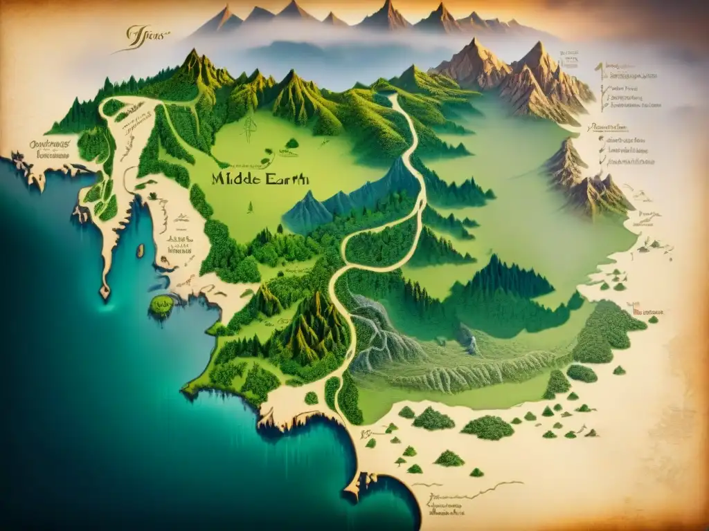 Mapa detallado de Tierra Media en sepia, con letras élficas y símbolos, capturando la esencia de los mapas de J