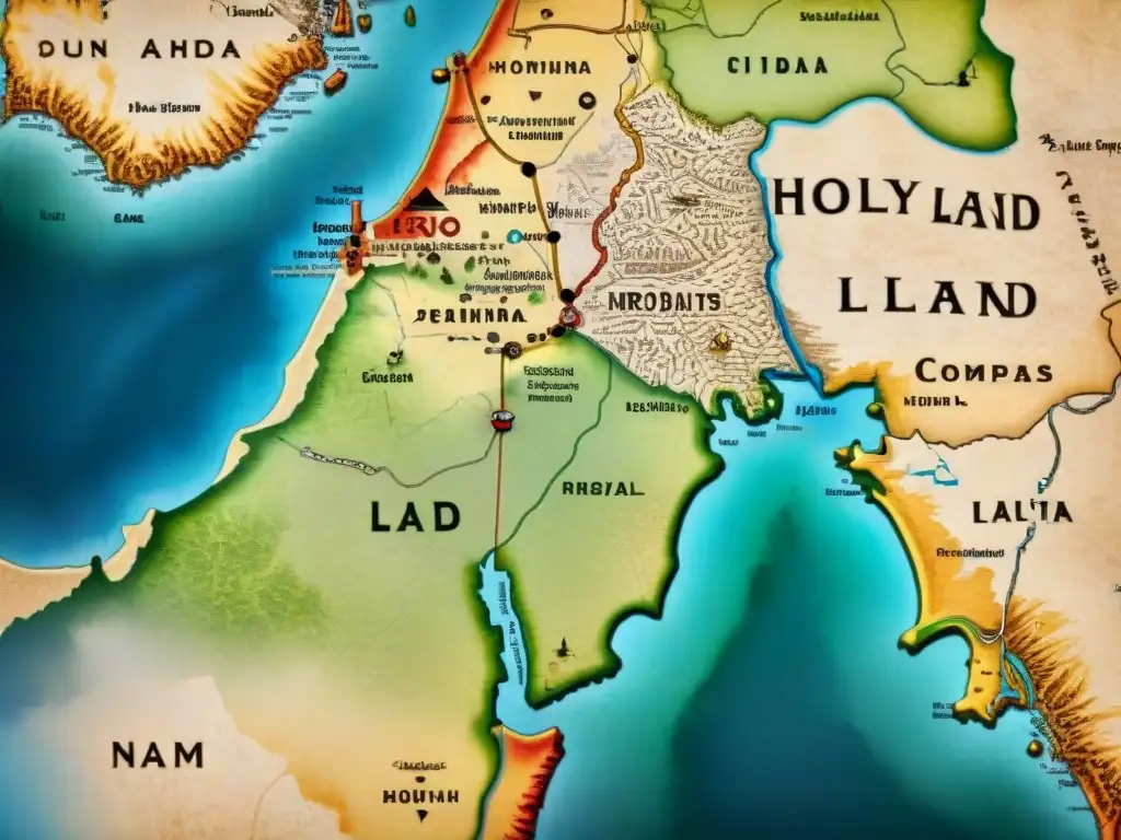 Mapa sepia detallado de Tierra Santa en la época de las Cruzadas, con enfoque en ciudades, rutas y ubicaciones estratégicas