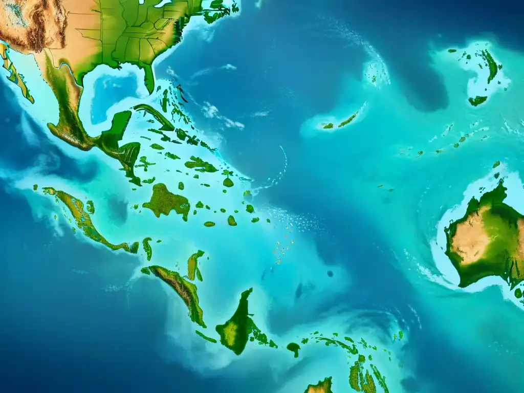 Un mapa detallado del océano Pacífico en tonos sepia, resaltando islas de Oceanía y los cambios geográficos debido al impacto del cambio climático