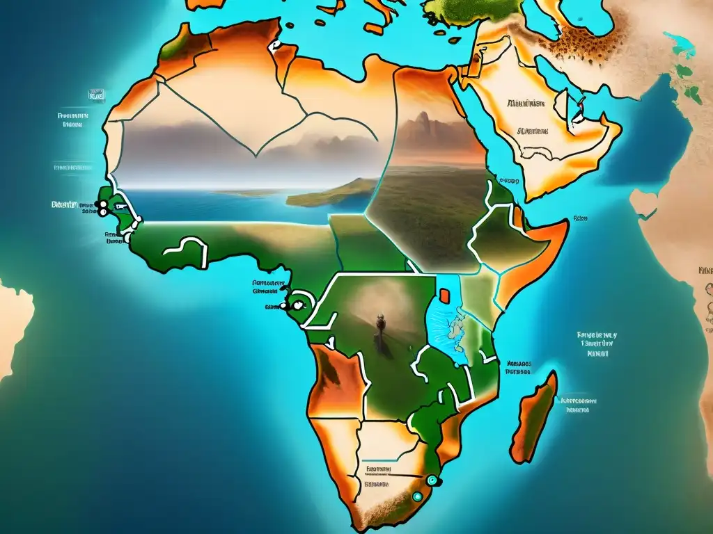 Un mapa detallado de África en tonos sepia, mostrando rutas de migración y marcadores históricos